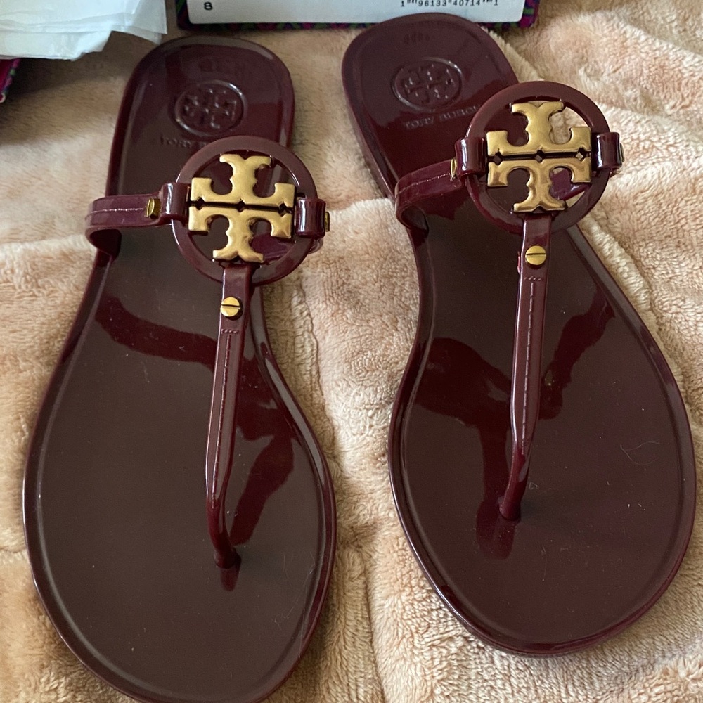 Tory Burch Maroon Sandals with Gold Emblem mini miller flat free shipping